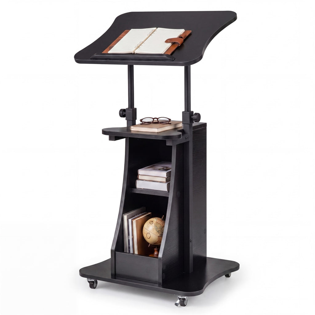 Rolling Podium Stand with Tilting Tabletop and Storage Shelves for Office-