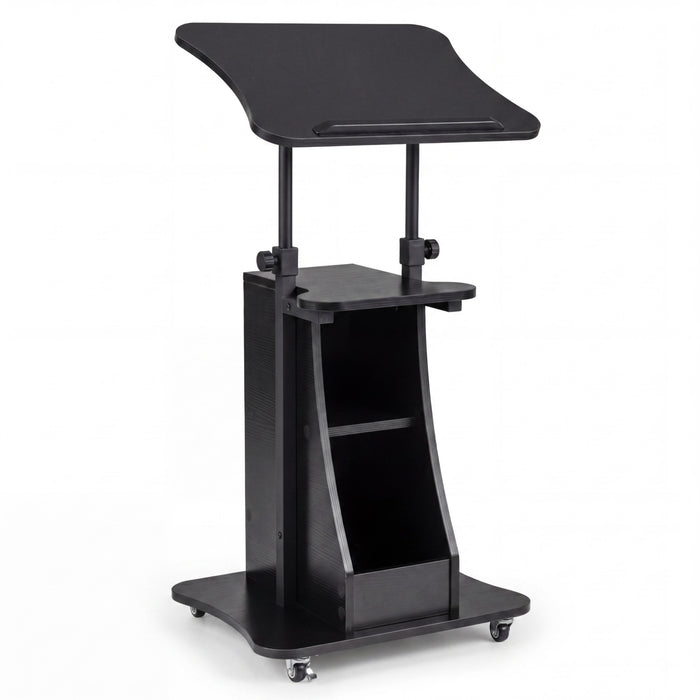 Rolling Podium Stand with Tilting Tabletop and Storage Shelves for Office-