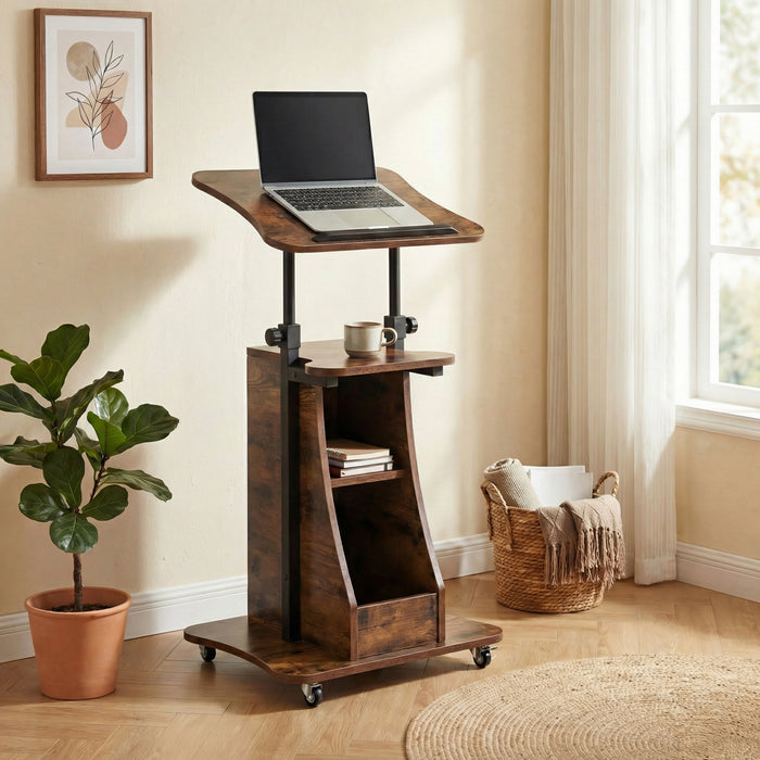 Rolling Podium Stand with Tilting Tabletop and Storage Shelves for Office-