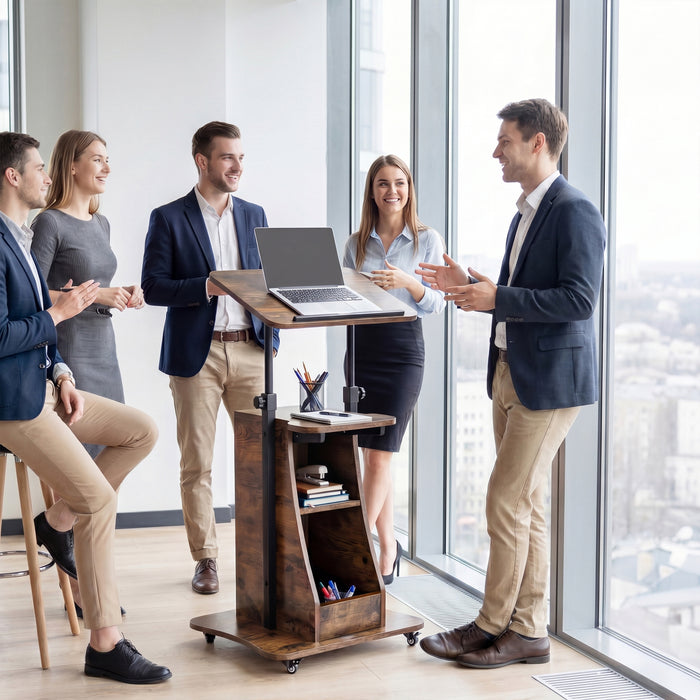 Rolling Podium Stand with Tilting Tabletop and Storage Shelves for Office-