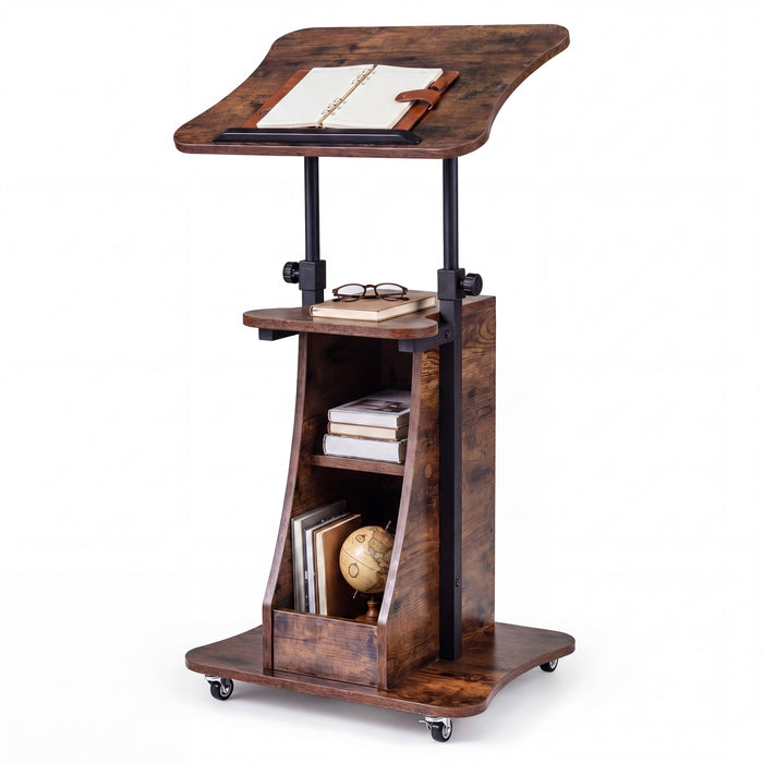 Rolling Podium Stand with Tilting Tabletop and Storage Shelves for Office-