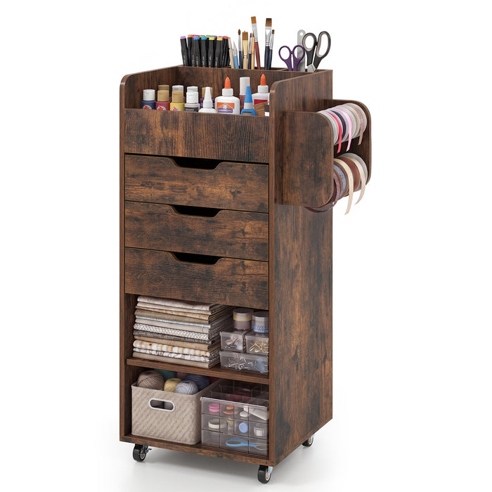 Rolling Storage Cart with 3 Drawers & 2 Shelves and Dowel Rods for Kitchen-