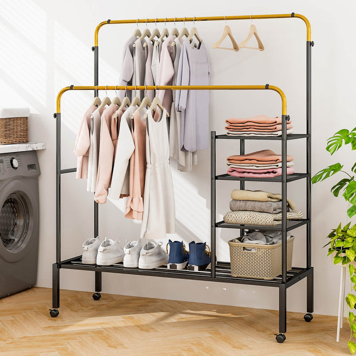 Adjustable Hanging Bars Drying Rack - Black & Silver Rolling Clothing Dryer - Ideal for Space-Conscious Laundry Rooms
