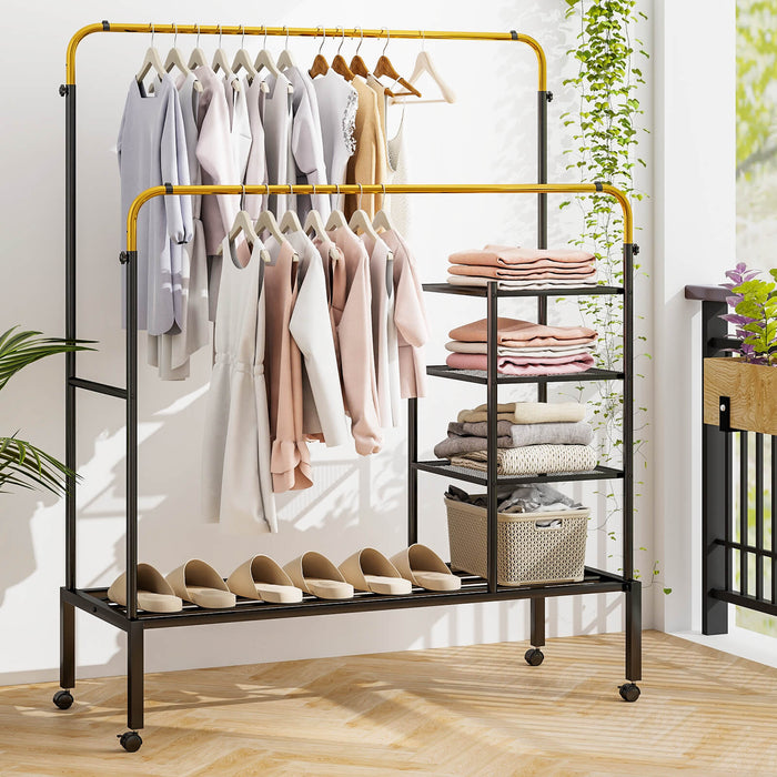 Adjustable Hanging Bars Drying Rack - Black & Silver Rolling Clothing Dryer - Ideal for Space-Conscious Laundry Rooms