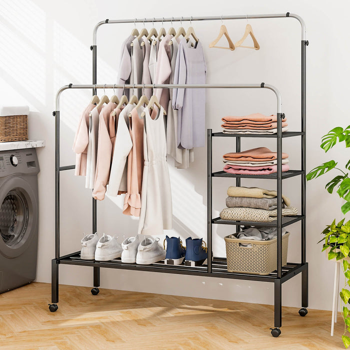 Adjustable Hanging Bars Drying Rack - Black & Silver Rolling Clothing Dryer - Ideal for Space-Conscious Laundry Rooms