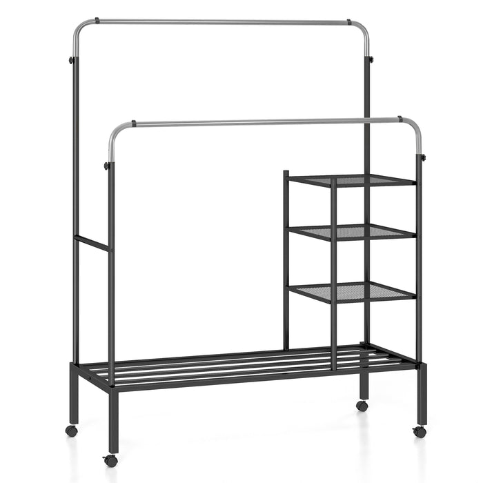 Adjustable Hanging Bars Drying Rack - Black & Silver Rolling Clothing Dryer - Ideal for Space-Conscious Laundry Rooms