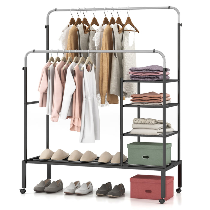 Adjustable Hanging Bars Drying Rack - Black & Silver Rolling Clothing Dryer - Ideal for Space-Conscious Laundry Rooms