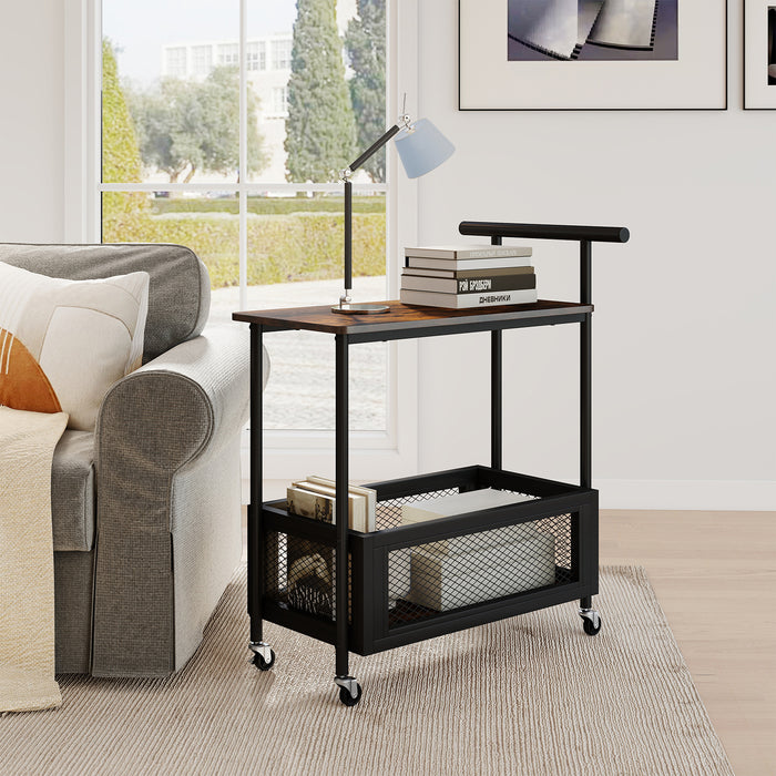Rolling End Table with Handle 2-Tier Sofa Side Table with Open Shelf-Rustic Brown
