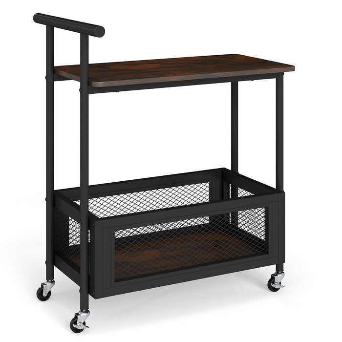 Rolling End Table with Handle 2-Tier Sofa Side Table with Open Shelf-Rustic Brown