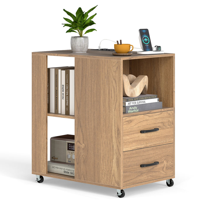 Rolling Nightstand with Storage Drawers and Shelves for Bedroom-