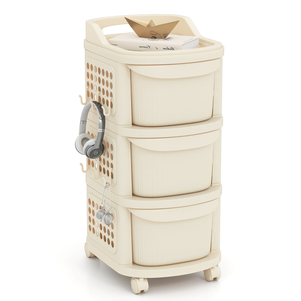 3-Drawer Rolling Plastic Utility Cart with 6 Hooks and Pegboard-White