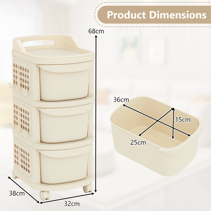 3-Drawer Rolling Plastic Utility Cart with 6 Hooks and Pegboard-White