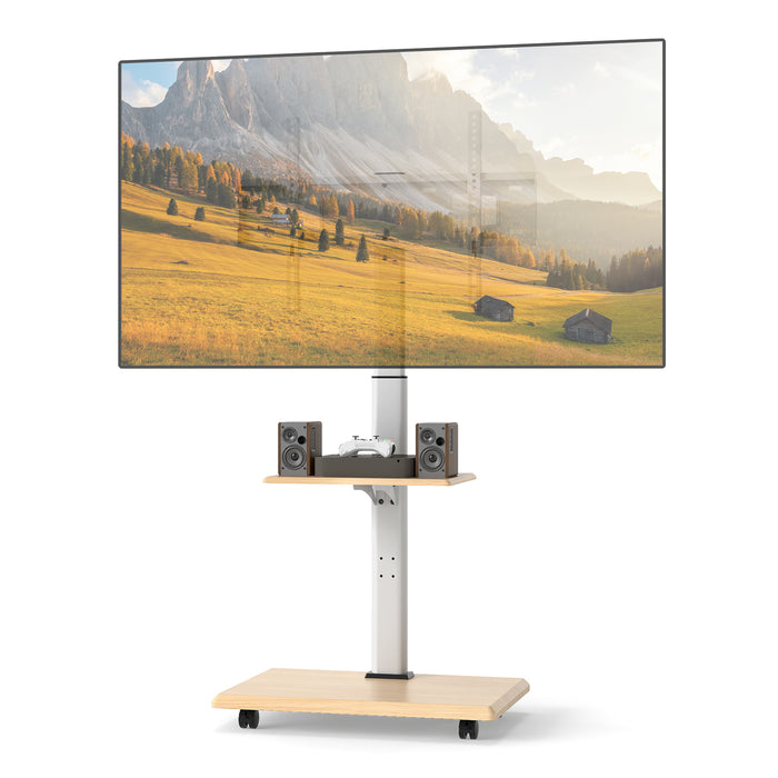 Rolling TV Stand on Wheels with 30° Tilt Mount and Adjustable Shelf-