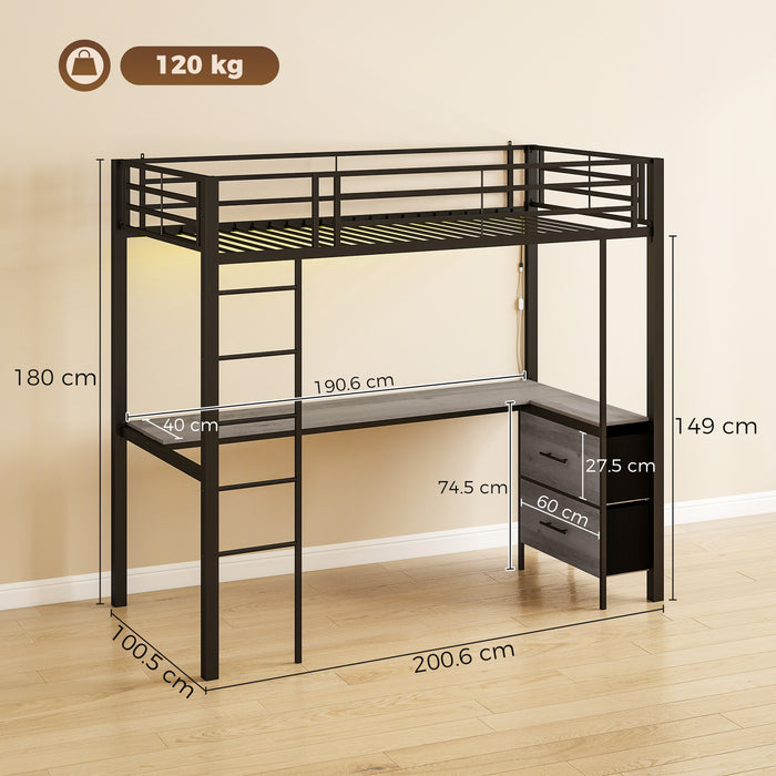 HOMCOM Metal Bunk Bed with Desk, High Sleeper Bed with LED Light and Safety Guardrail for Teens Adults, No Box Spring Needed