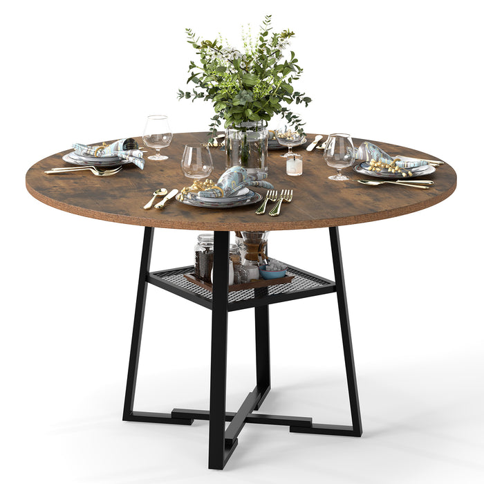 Round Dining Table for 4-6 120 CM Dining Room Table with Storage Shelf and Metal Legs-