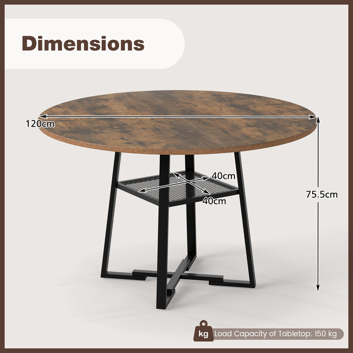 Round Dining Table for 4-6 120 CM Dining Room Table with Storage Shelf and Metal Legs-