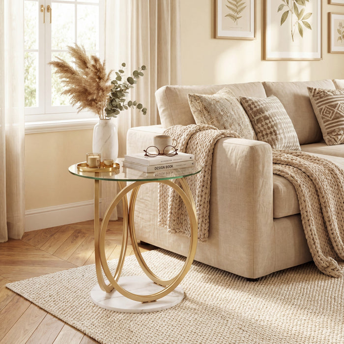 Round Glass Coffee Table with Geometric Metal Ring Frame for Living Room-Gold