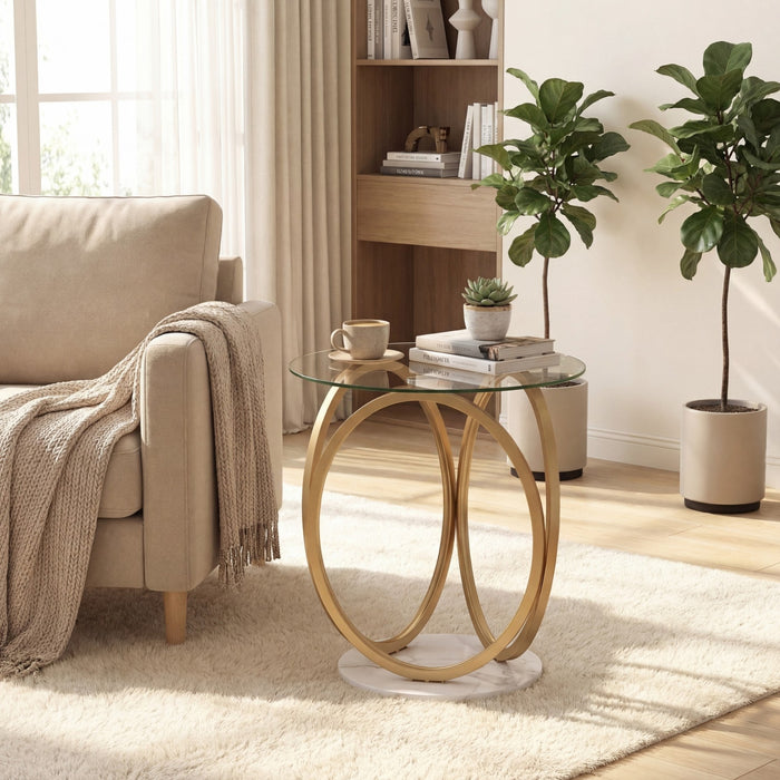 Round Glass Coffee Table with Geometric Metal Ring Frame for Living Room-Gold