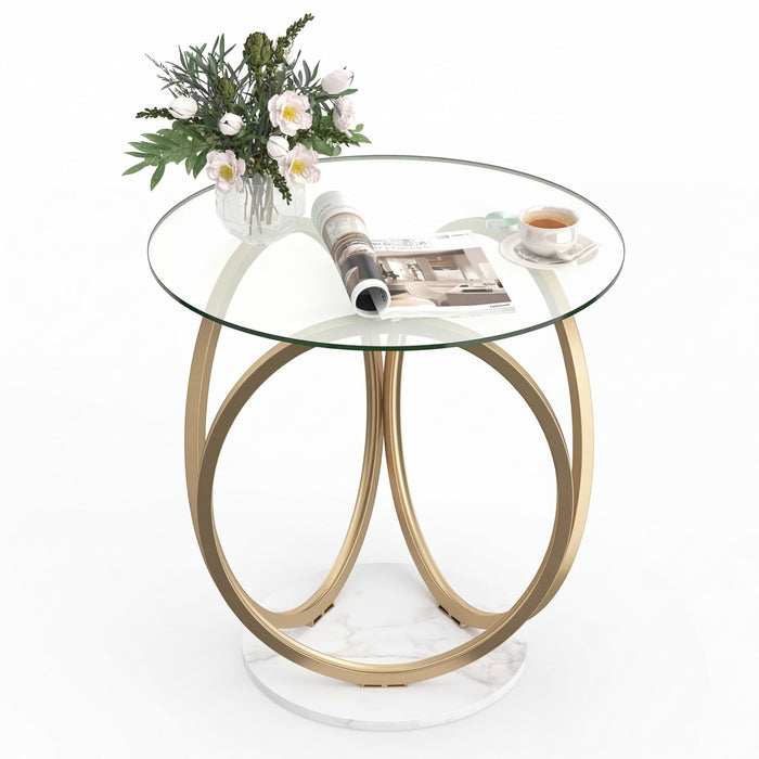 Round Glass Coffee Table with Geometric Metal Ring Frame for Living Room-Gold