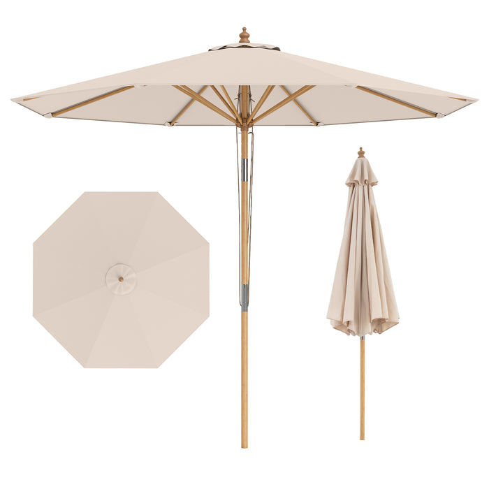 Round Patio Umbrella Bamboo Market Table Umbrella with Push Button Tilt-