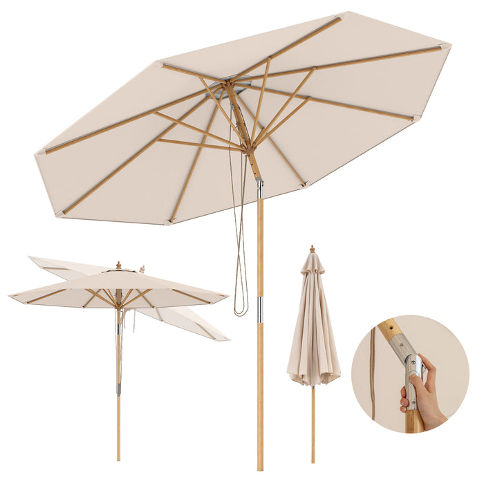 Round Patio Umbrella Bamboo Market Table Umbrella with Push Button Tilt-