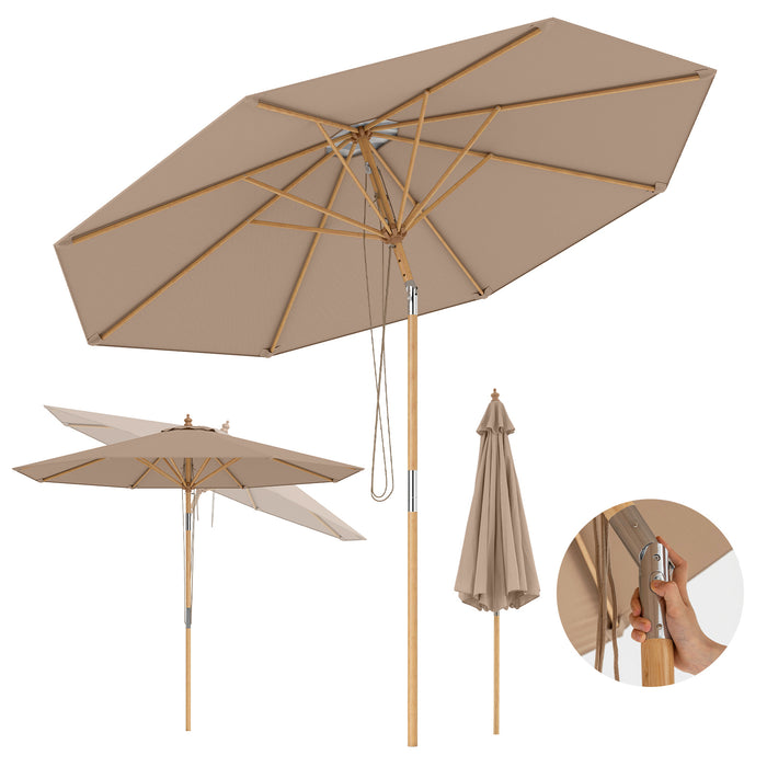 Round Patio Umbrella Bamboo Market Table Umbrella with Push Button Tilt-