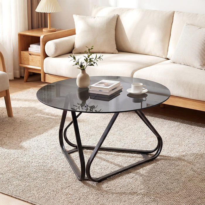 Round Tempered Glass Coffee Table with Triangle Metal Frame for Living Room-Gold