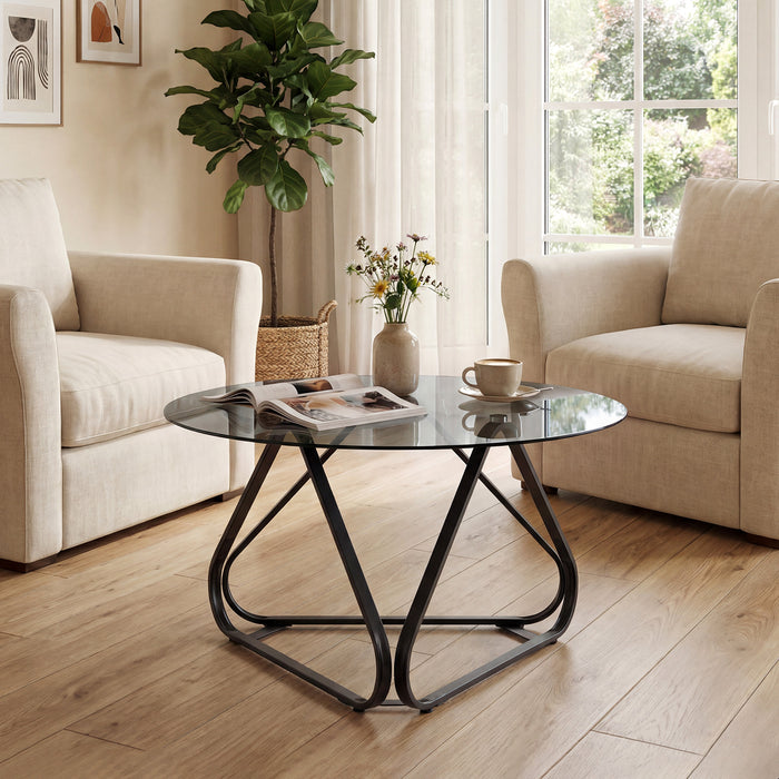 Round Tempered Glass Coffee Table with Triangle Metal Frame for Living Room-Gold