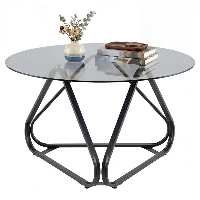 Round Tempered Glass Coffee Table with Triangle Metal Frame for Living Room-Gold