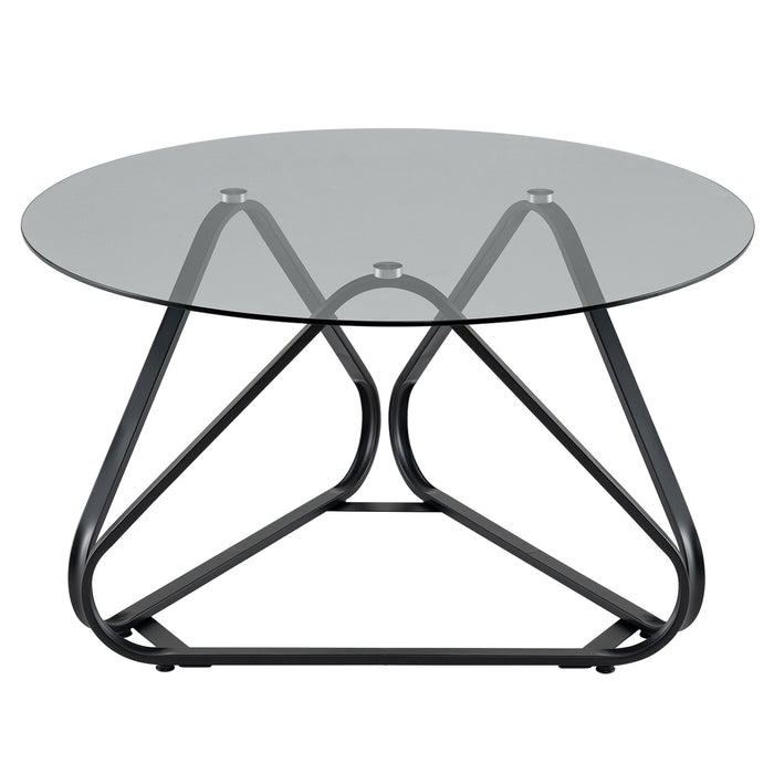 Round Tempered Glass Coffee Table with Triangle Metal Frame for Living Room-Gold