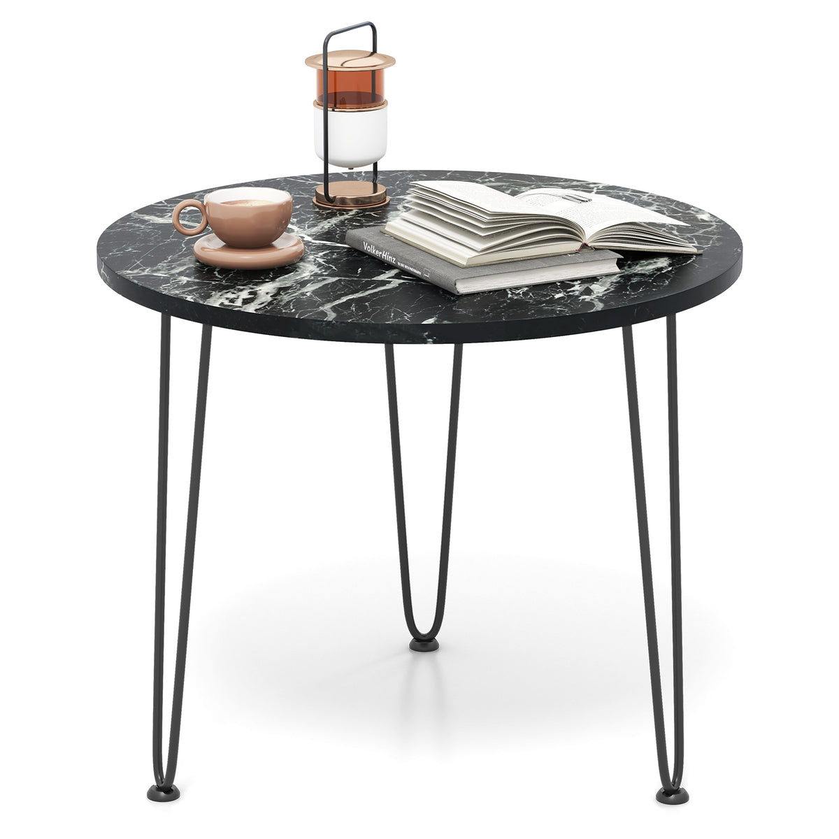 Round Coffee Table Small Faux Marble Accent Table with Thickened Tabletop and Metal Tripod Legs-