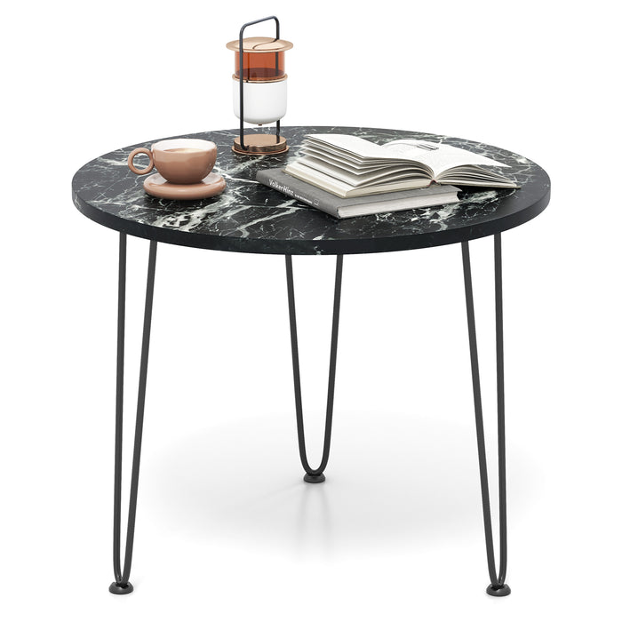Round Coffee Table Small Faux Marble Accent Table with Thickened Tabletop and Metal Tripod Legs-