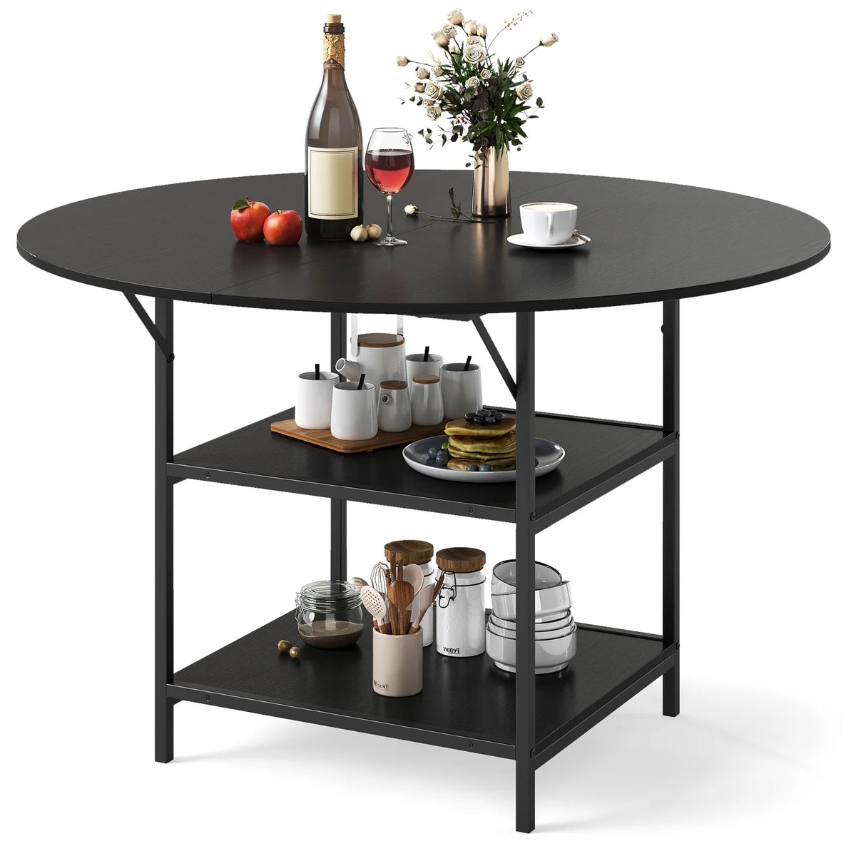 120 CM Round Dining Table with 2-Tier Storage Shelf and Heavy-duty Metal Frame-Black