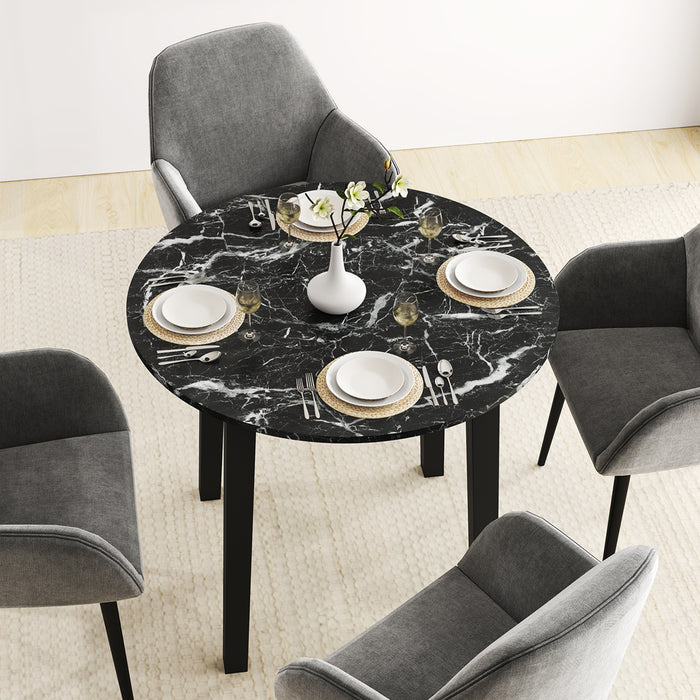 Round Dining Table with Rubber Wood Legs and Marble-textured Veneer Tabletop-
