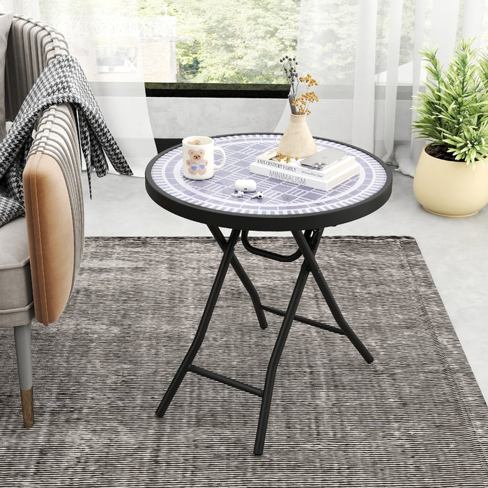 Round Folding Side Patio Coffee Table with Tempered Glass Tabletop-