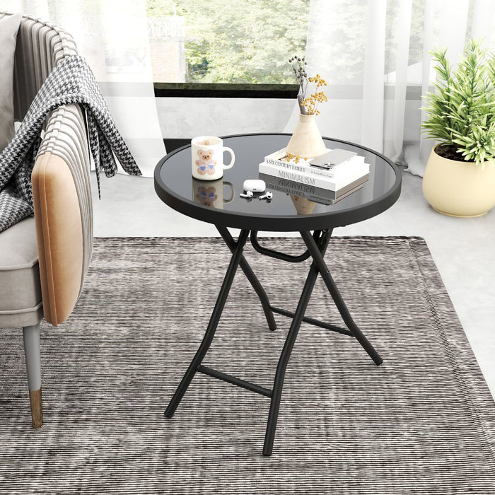 Round Folding Side Patio Coffee Table with Tempered Glass Tabletop-
