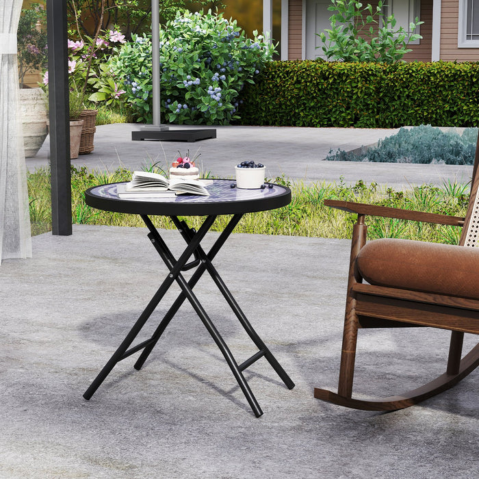 Round Folding Side Patio Coffee Table with Tempered Glass Tabletop-