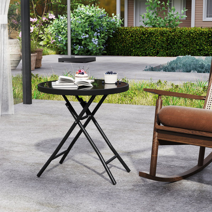 Round Folding Side Patio Coffee Table with Tempered Glass Tabletop-