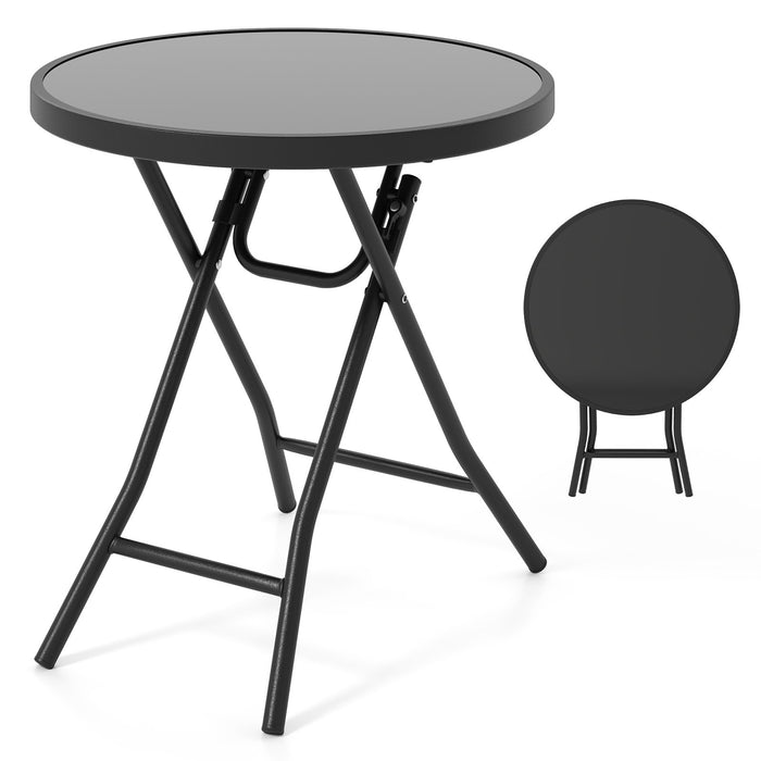 Round Folding Side Patio Coffee Table with Tempered Glass Tabletop-