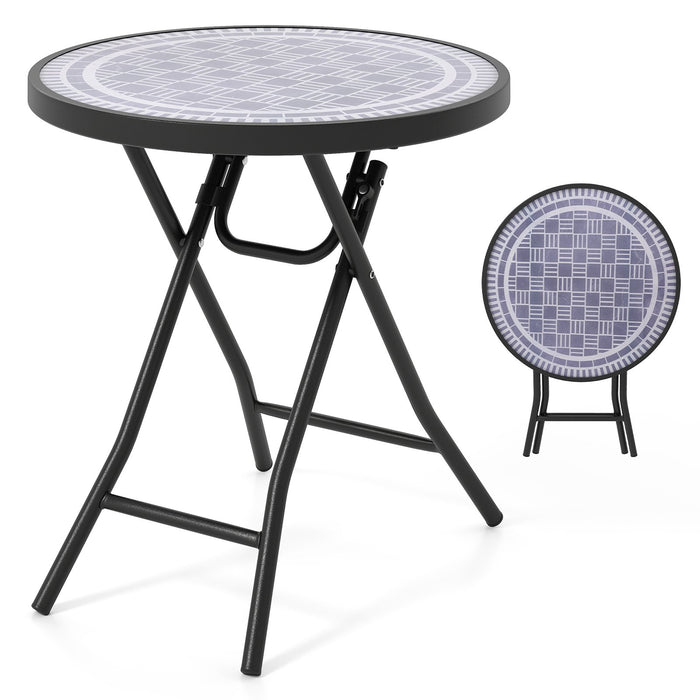 Round Folding Side Patio Coffee Table with Tempered Glass Tabletop-