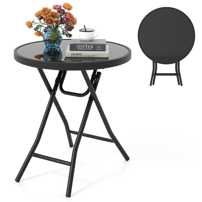 Round Folding Side Patio Coffee Table with Tempered Glass Tabletop-