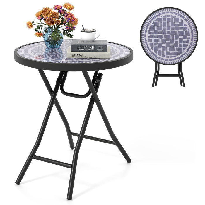 Round Folding Side Patio Coffee Table with Tempered Glass Tabletop-