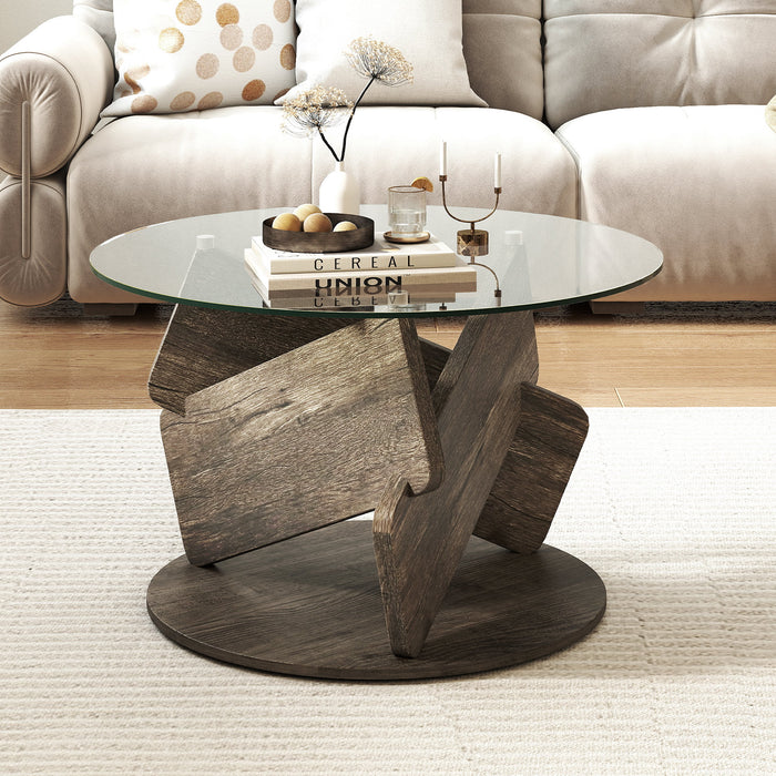 Round Glass Coffee Table 81cm Modern Center Table with Tempered Glass Top-