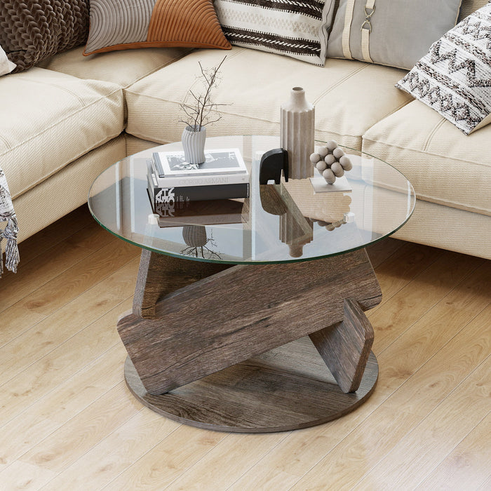 Round Glass Coffee Table 81cm Modern Center Table with Tempered Glass Top-