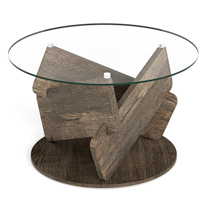 Round Glass Coffee Table 81cm Modern Center Table with Tempered Glass Top-