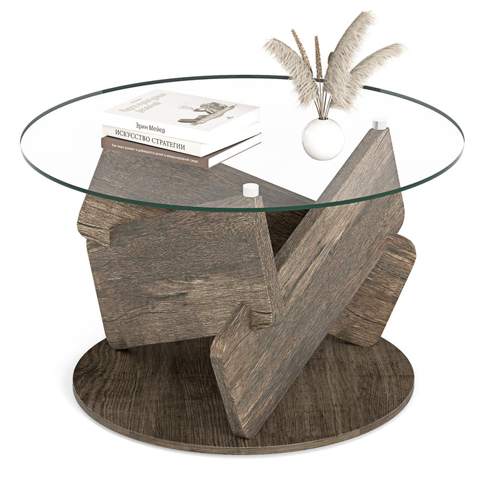 Round Glass Coffee Table 81cm Modern Center Table with Tempered Glass Top-