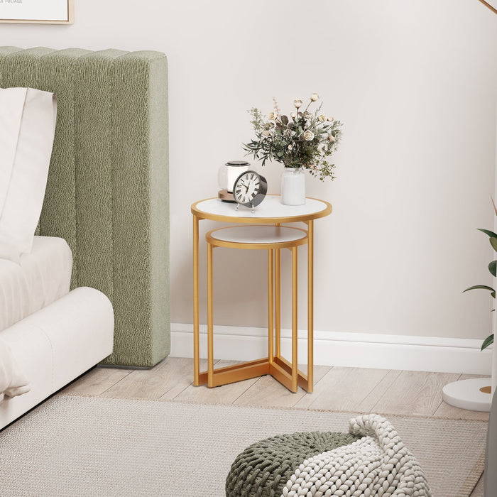 Round Nesting Side Table Set of 2 Stacking Coffee Tables with Faux Marble Tabletop-