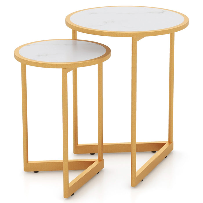 Round Nesting Side Table Set of 2 Stacking Coffee Tables with Faux Marble Tabletop-
