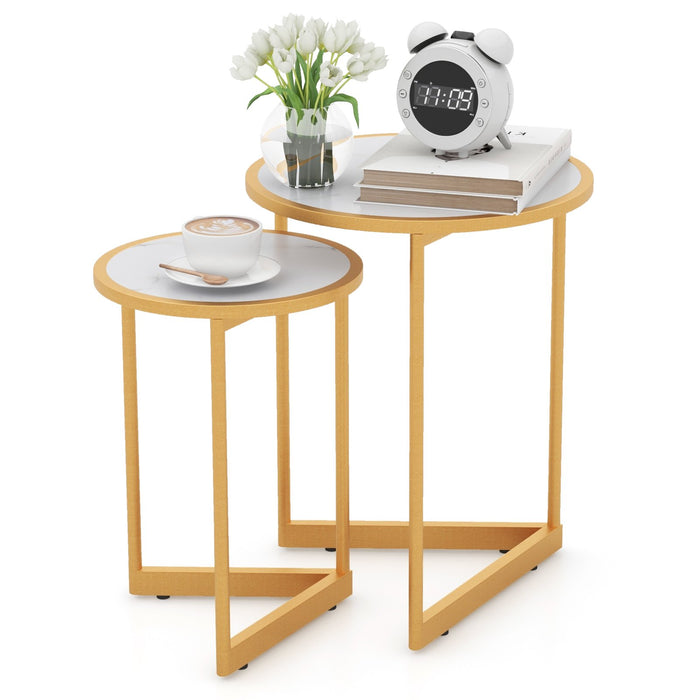 Round Nesting Side Table Set of 2 Stacking Coffee Tables with Faux Marble Tabletop-