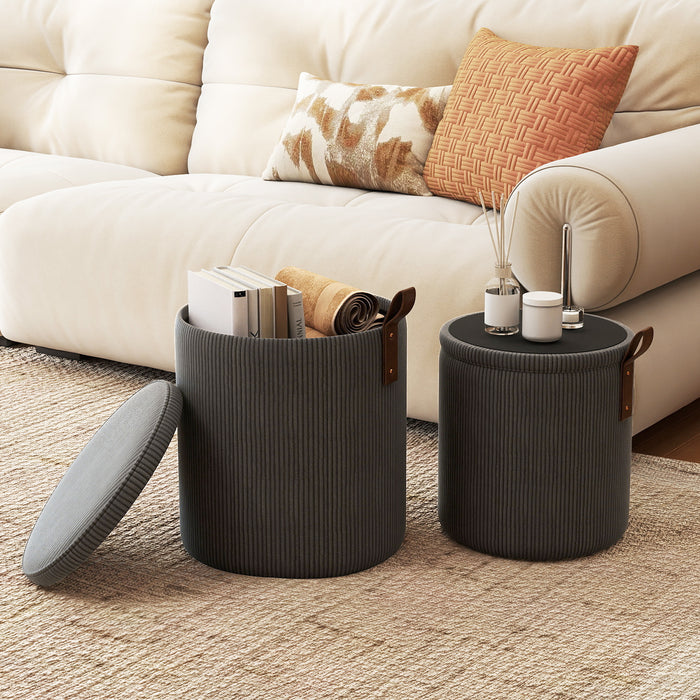 Round Ottoman with Storage Set of 2 with Removable Lids and Padded Seats-Beige